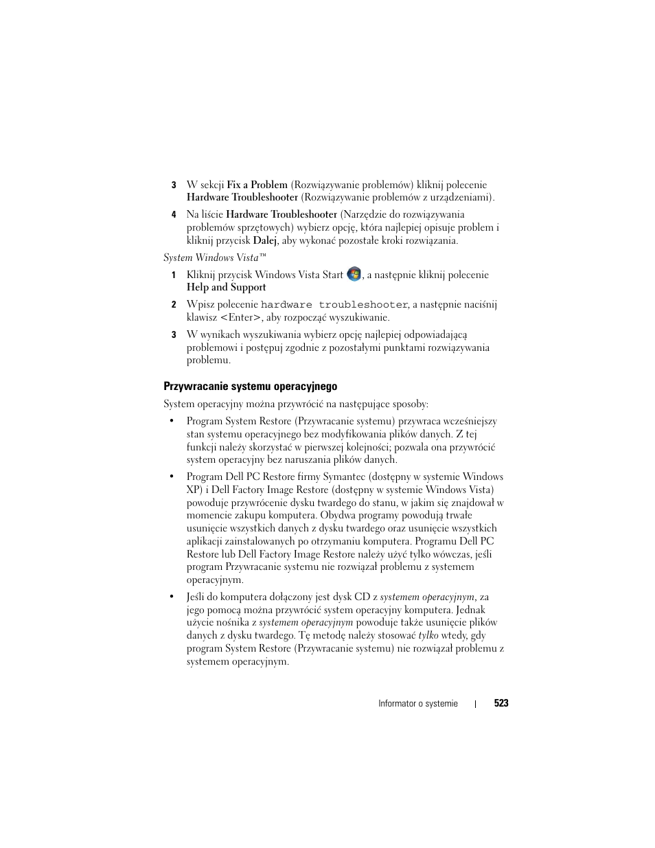 Przywracanie systemu operacyjnego | Dell OptiPlex 755 User Manual | Page 523 / 622