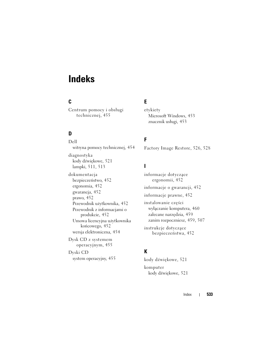 Indeks | Dell OptiPlex 755 User Manual | Page 533 / 622