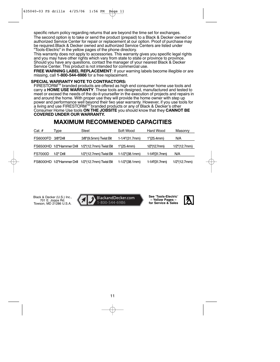 Maximum recommended capacities | Black & Decker Fire Storm FS8000HD User Manual | Page 11 / 40