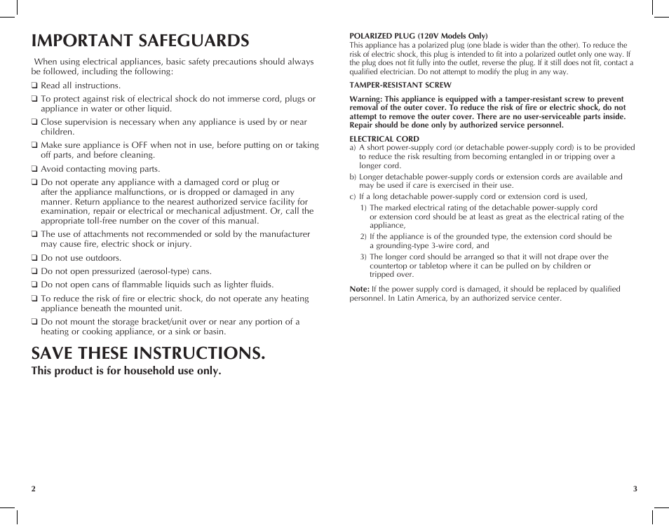 Important safeguards, Save these instructions, This product is for household use only | Black & Decker CO100 User Manual | Page 2 / 17