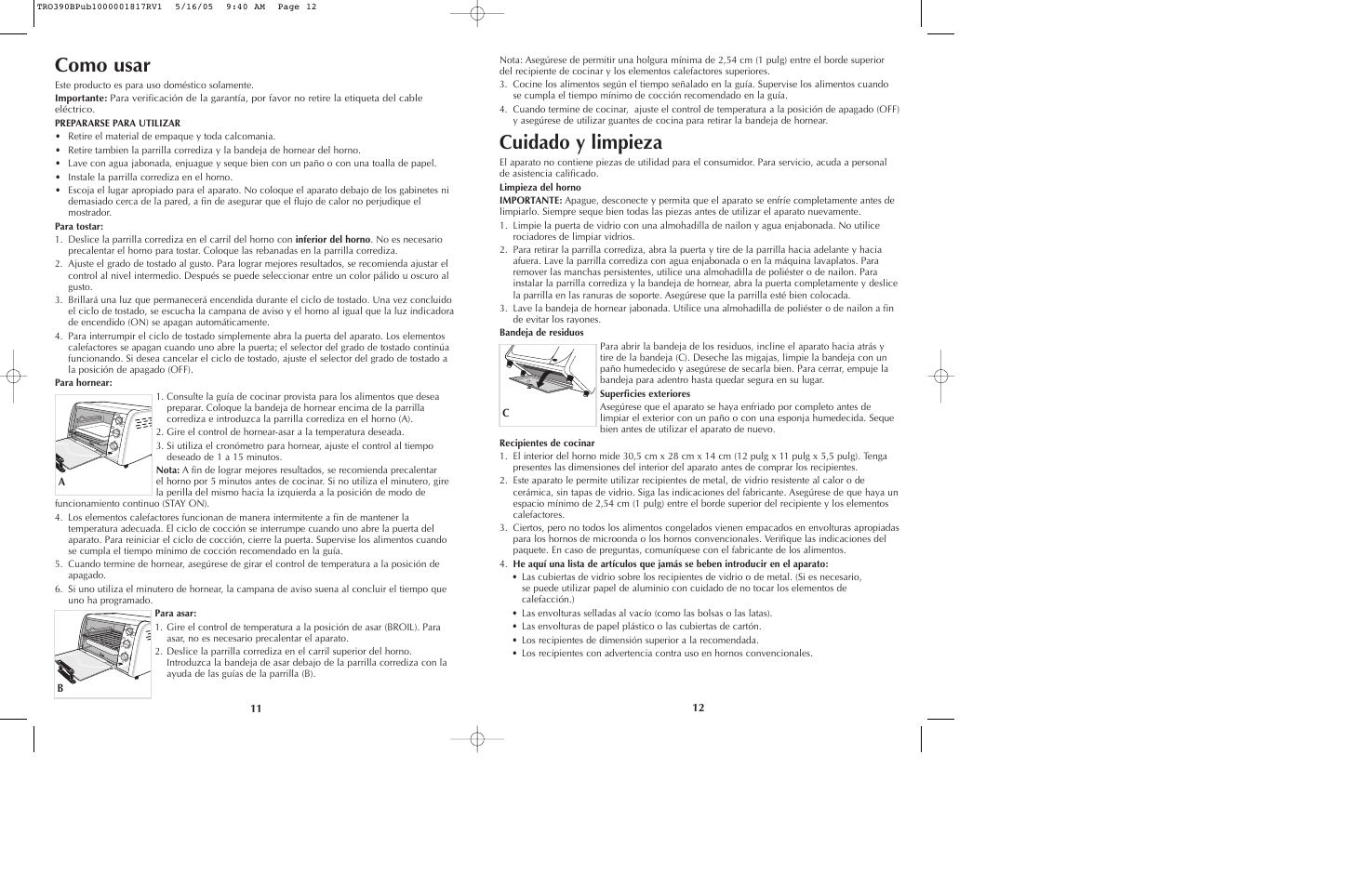 Como usar, Cuidado y limpieza | Black & Decker TRO390 Series User Manual | Page 7 / 15