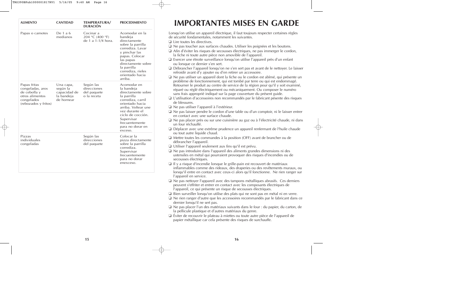 Importantes mises en garde | Black & Decker TRO390 Series User Manual | Page 9 / 15