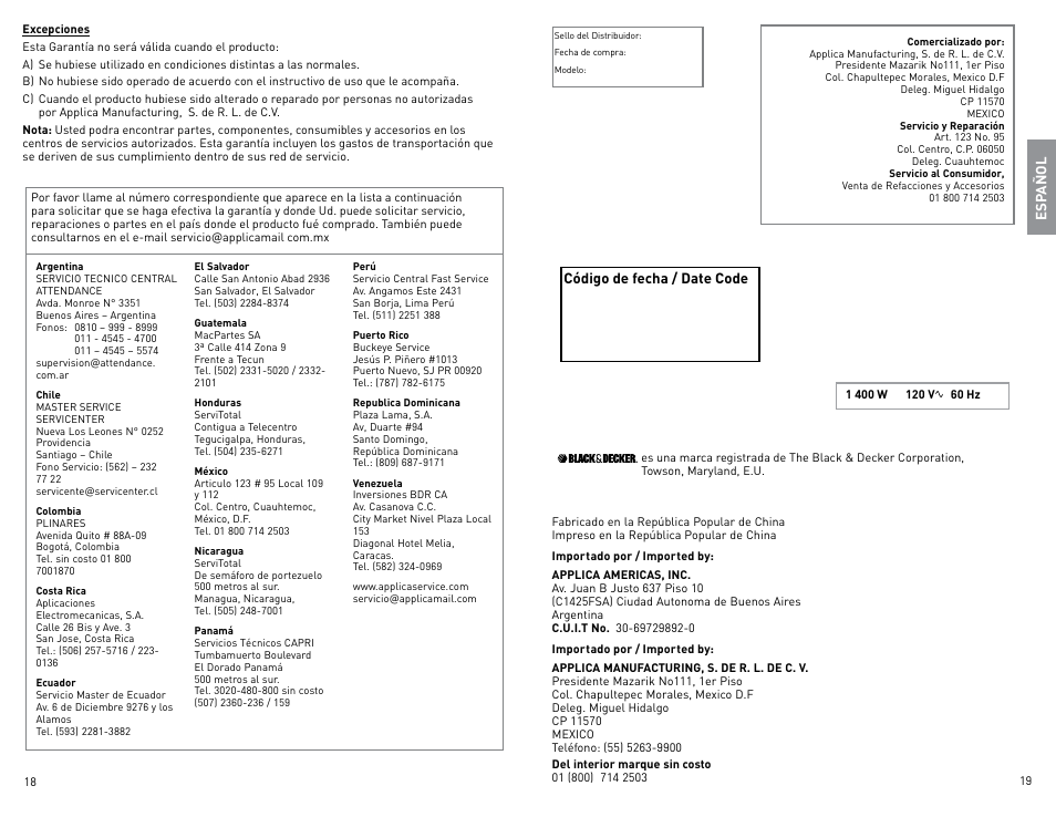 Esp añol, Código de fecha / date code | Black & Decker First Impressions ICR510 User Manual | Page 10 / 11