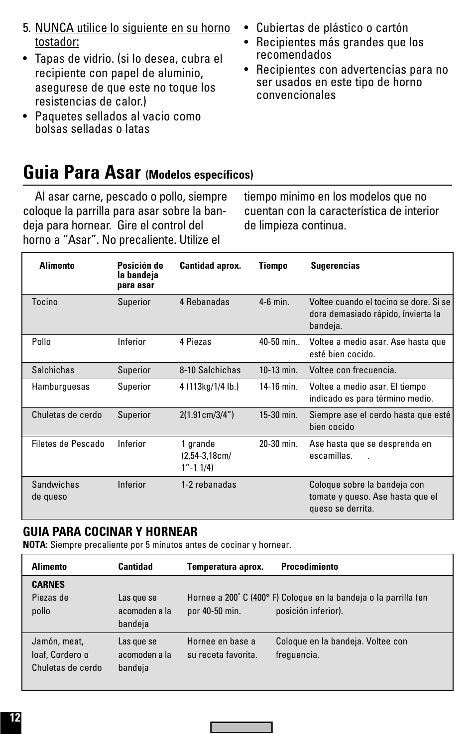 Guia para asar, Modelos específicos) | Black & Decker TRO520 User Manual | Page 12 / 20