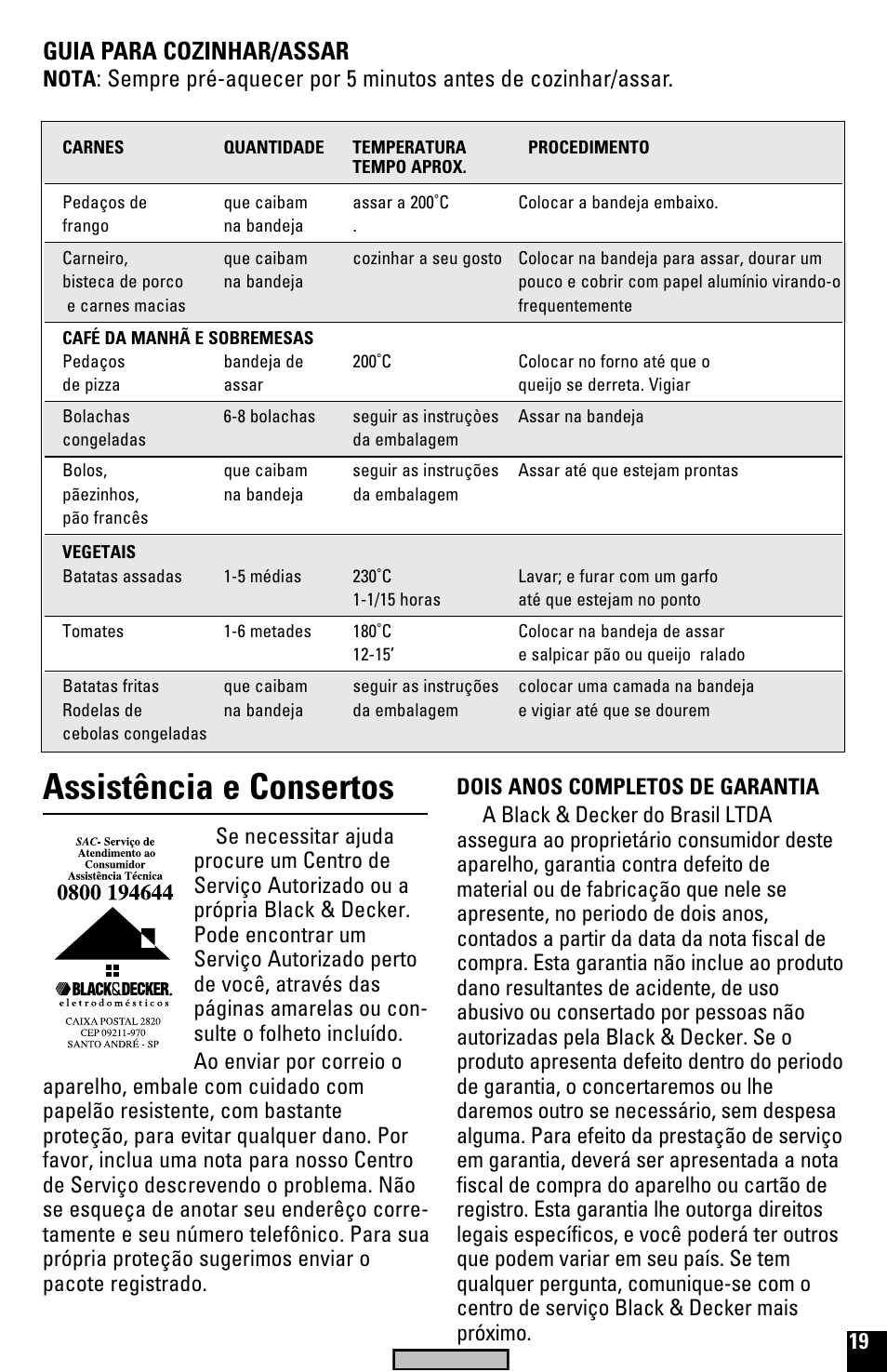 Assistência e consertos, Guia para cozinhar/assar, Nota | Black & Decker TRO520 User Manual | Page 19 / 20