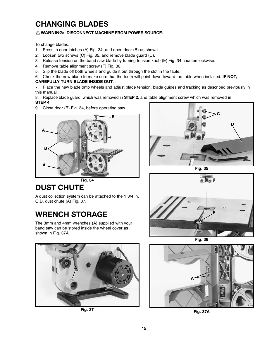 Wrench storage, Changing blades, Dust chute | Black & Decker BDBS100 User Manual | Page 15 / 46