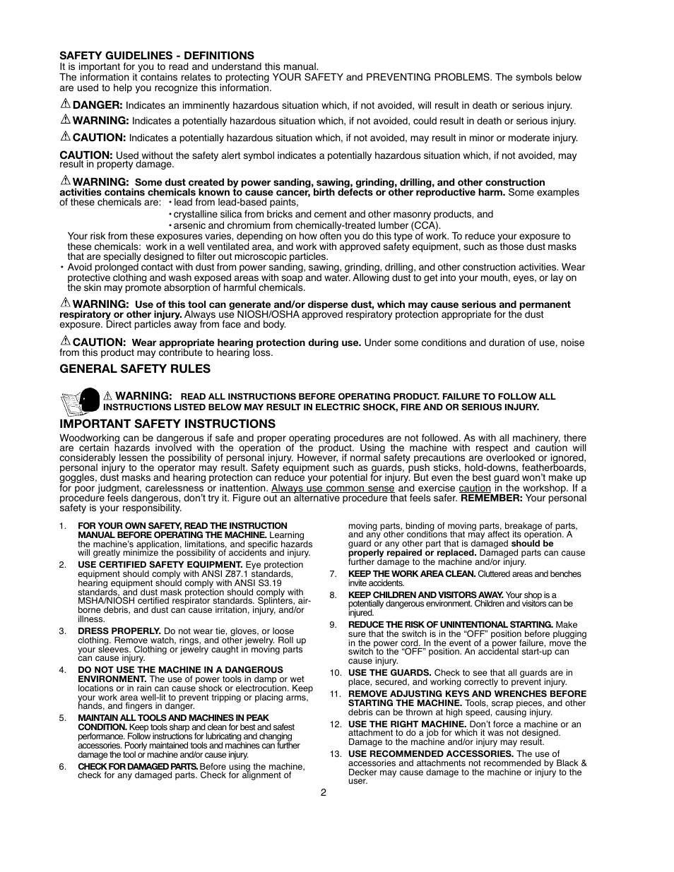 General safety rules, Important safety instructions | Black & Decker BDBS100 User Manual | Page 2 / 46