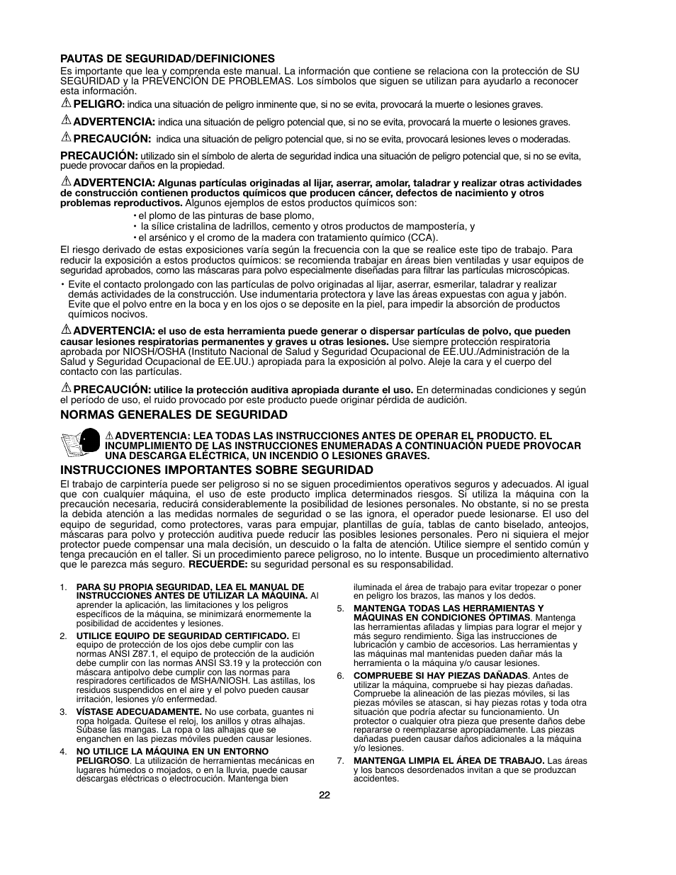 Normas generales de seguridad, Instrucciones importantes sobre seguridad | Black & Decker BDBS100 User Manual | Page 22 / 46