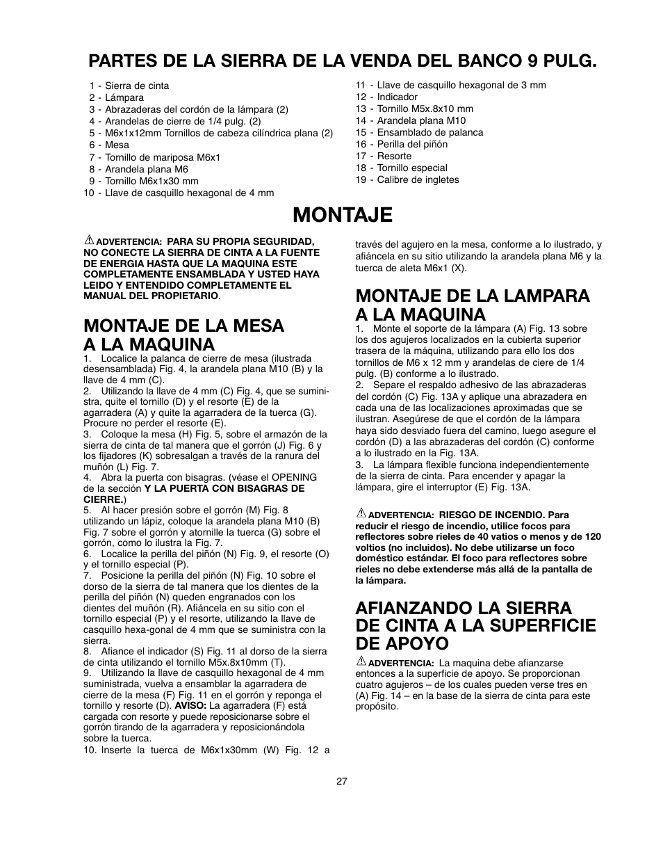 Montaje, Partes de la sierra de la venda del banco 9 pulg, Montaje de la mesa a la maquina | Montaje de la lampara a la maquina | Black & Decker BDBS100 User Manual | Page 27 / 46