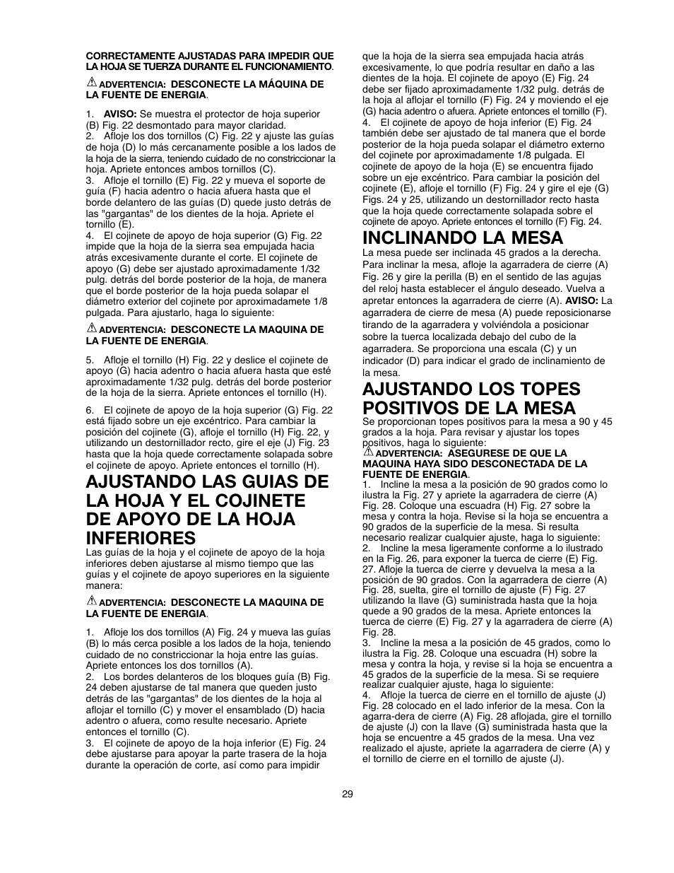 Inclinando la mesa, Ajustando los topes positivos de la mesa | Black & Decker BDBS100 User Manual | Page 29 / 46