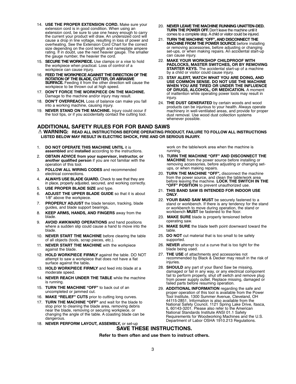 Additional safety rules for for band saws, Save these instructions | Black & Decker BDBS100 User Manual | Page 3 / 46