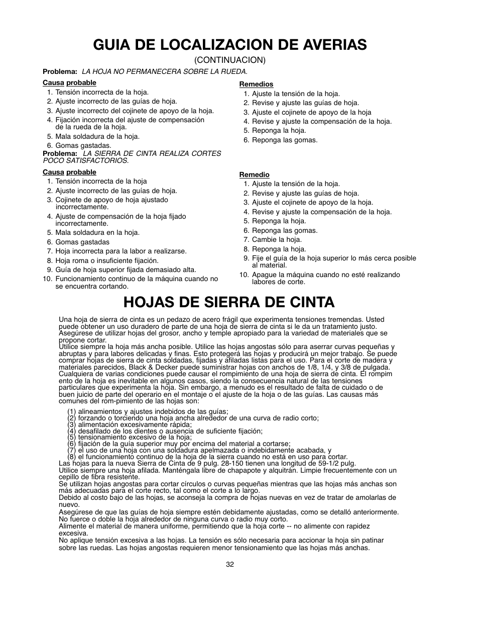 Guia de localizacion de averias, Hojas de sierra de cinta | Black & Decker BDBS100 User Manual | Page 32 / 46