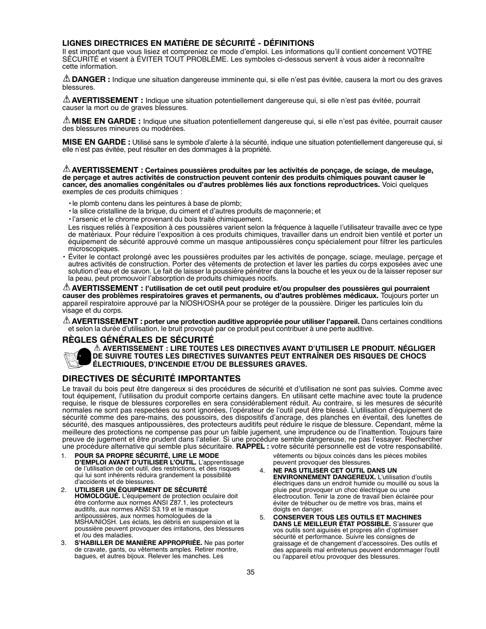 Règles générales de sécurité, Directives de sécurité importantes | Black & Decker BDBS100 User Manual | Page 35 / 46