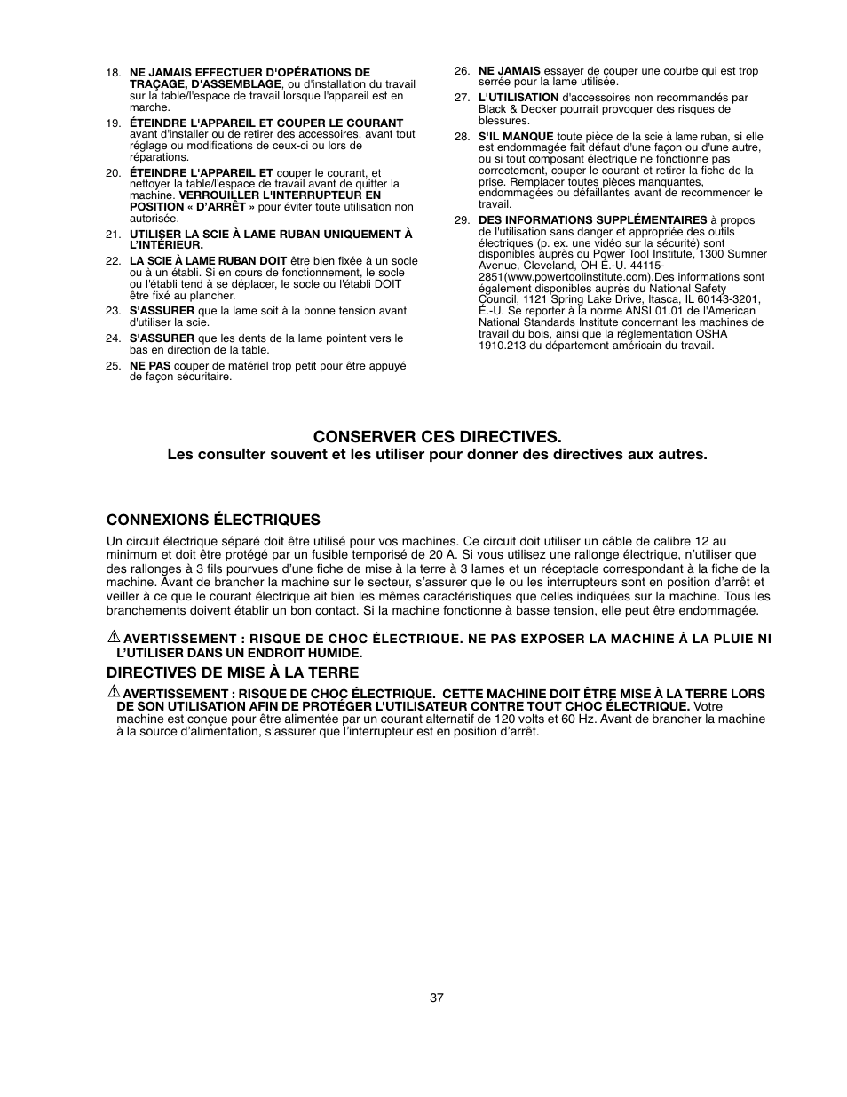Conserver ces directives, Connexions électriques, Directives de mise à la terre | Black & Decker BDBS100 User Manual | Page 37 / 46