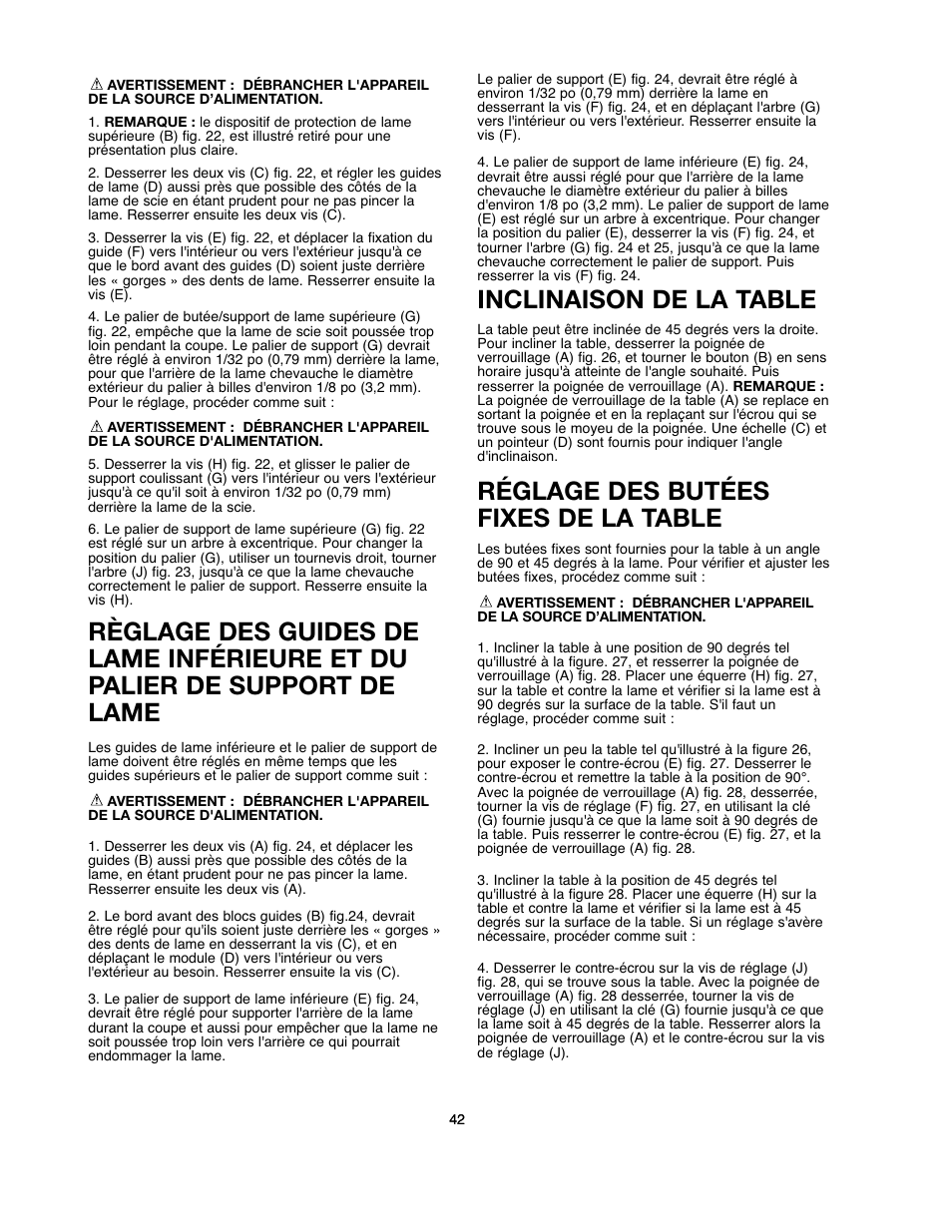 Inclinaison de la table, Réglage des butées fixes de la table | Black & Decker BDBS100 User Manual | Page 42 / 46