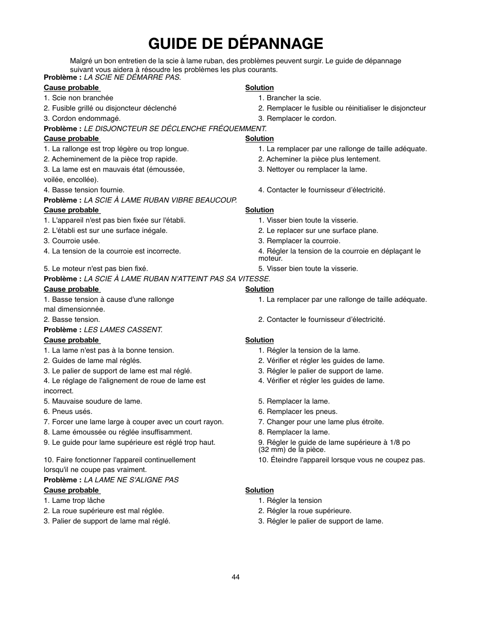 Guide de dépannage | Black & Decker BDBS100 User Manual | Page 44 / 46