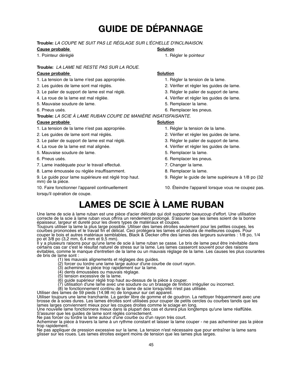 Guide de dépannage, Lames de scie à lame ruban | Black & Decker BDBS100 User Manual | Page 45 / 46