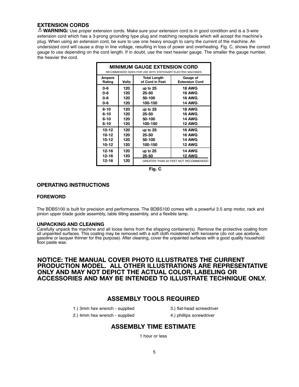 Assembly tools required assembly time estimate, Extension cords, Operating instructions | Black & Decker BDBS100 User Manual | Page 5 / 46
