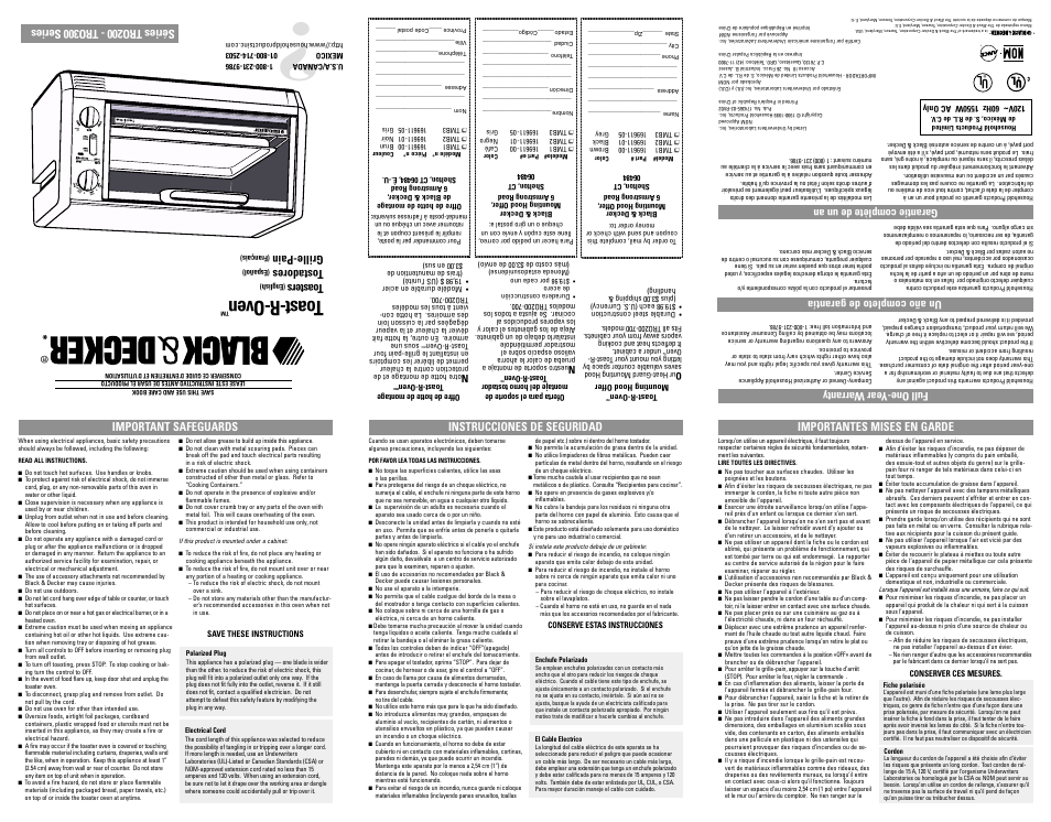 Mises en garde, T oast-r-oven, T oasters | Tostadores, Grille-pain, Full one-year w arranty, Un año completo de garantía, Important safeguards, Instrucciones de seguridad, Importantes mises en garde | Black & Decker TOAST-R-OVEN TRO300 User Manual | Page 4 / 7