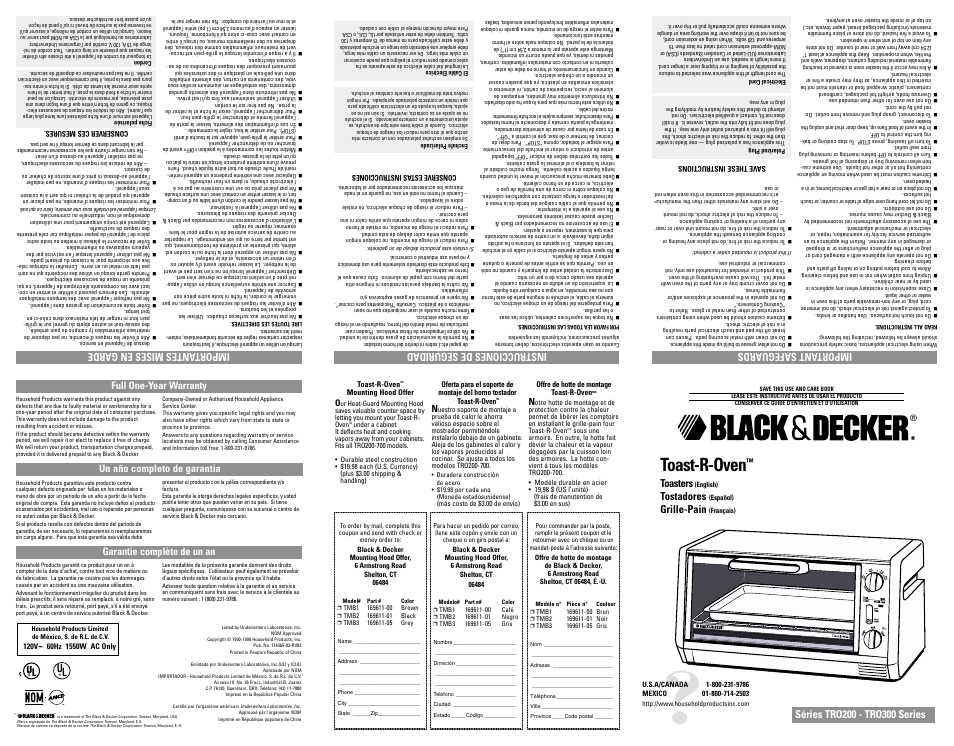 Toast-r-oven, Toasters, Tostadores | Grille-pain, Full one-year warranty, Un año completo de garantía, Important safeguards, Instrucciones de seguridad, Importantes mises en garde, Garantie complète de un an | Black & Decker TOAST-R-OVEN TRO300 User Manual | Page 6 / 7