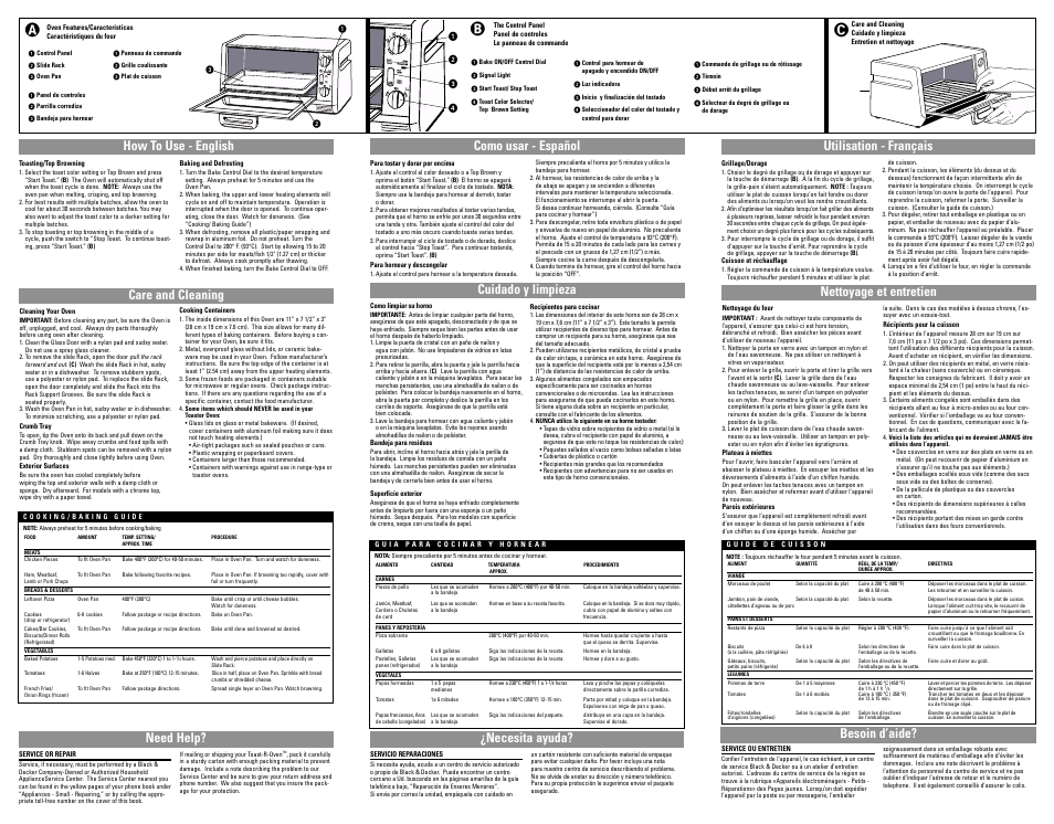 How to use, Care & cleaning, Como usar | Cuidado y limpieza, Utilisation, Nettoyage et etretien, Care and cleaning, Besoin d’aide? ¿necesita ayuda? need help | Black & Decker TOAST-R-OVEN TRO300 User Manual | Page 7 / 7