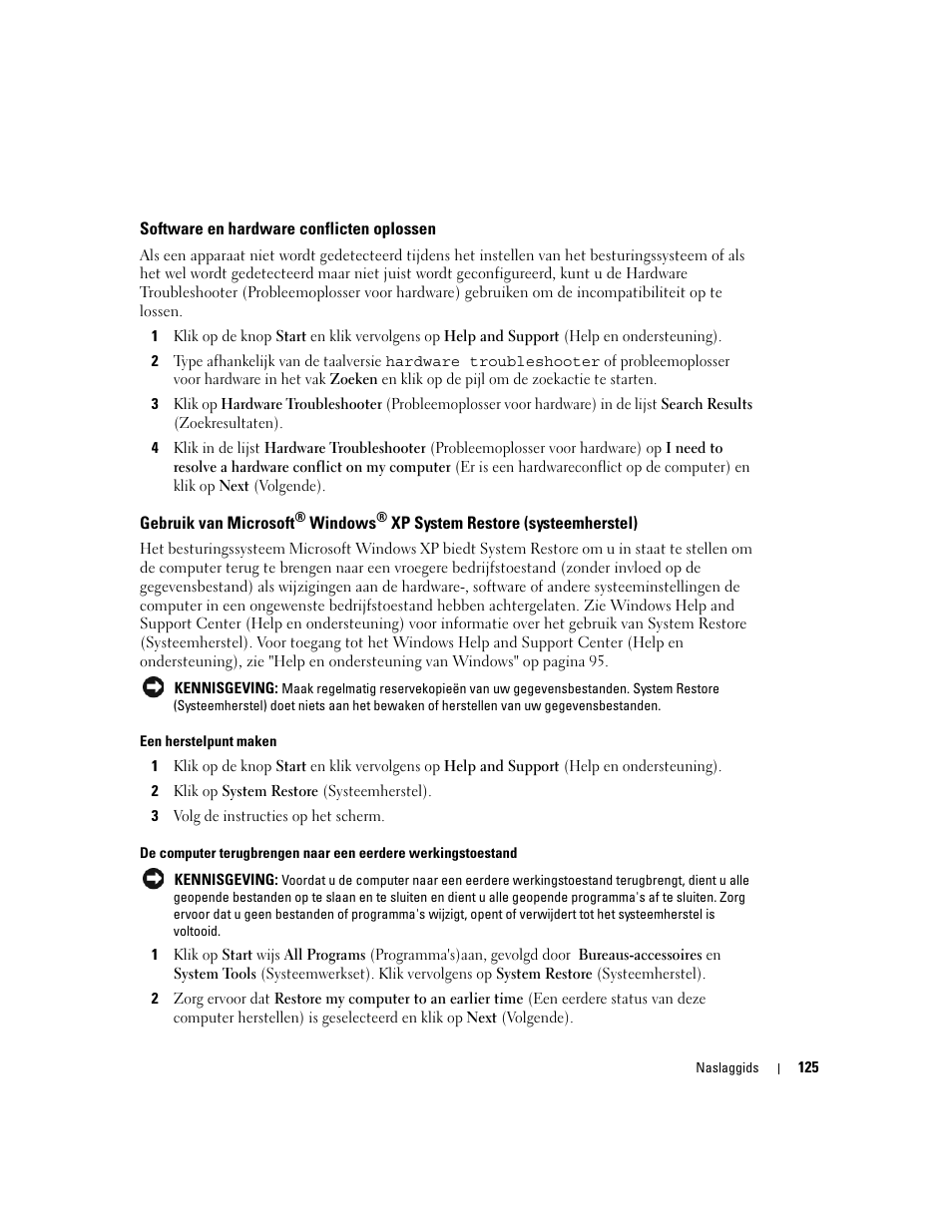 Software en hardware conflicten oplossen, Gebruik van microsoft | Dell OptiPlex GX520 User Manual | Page 125 / 310