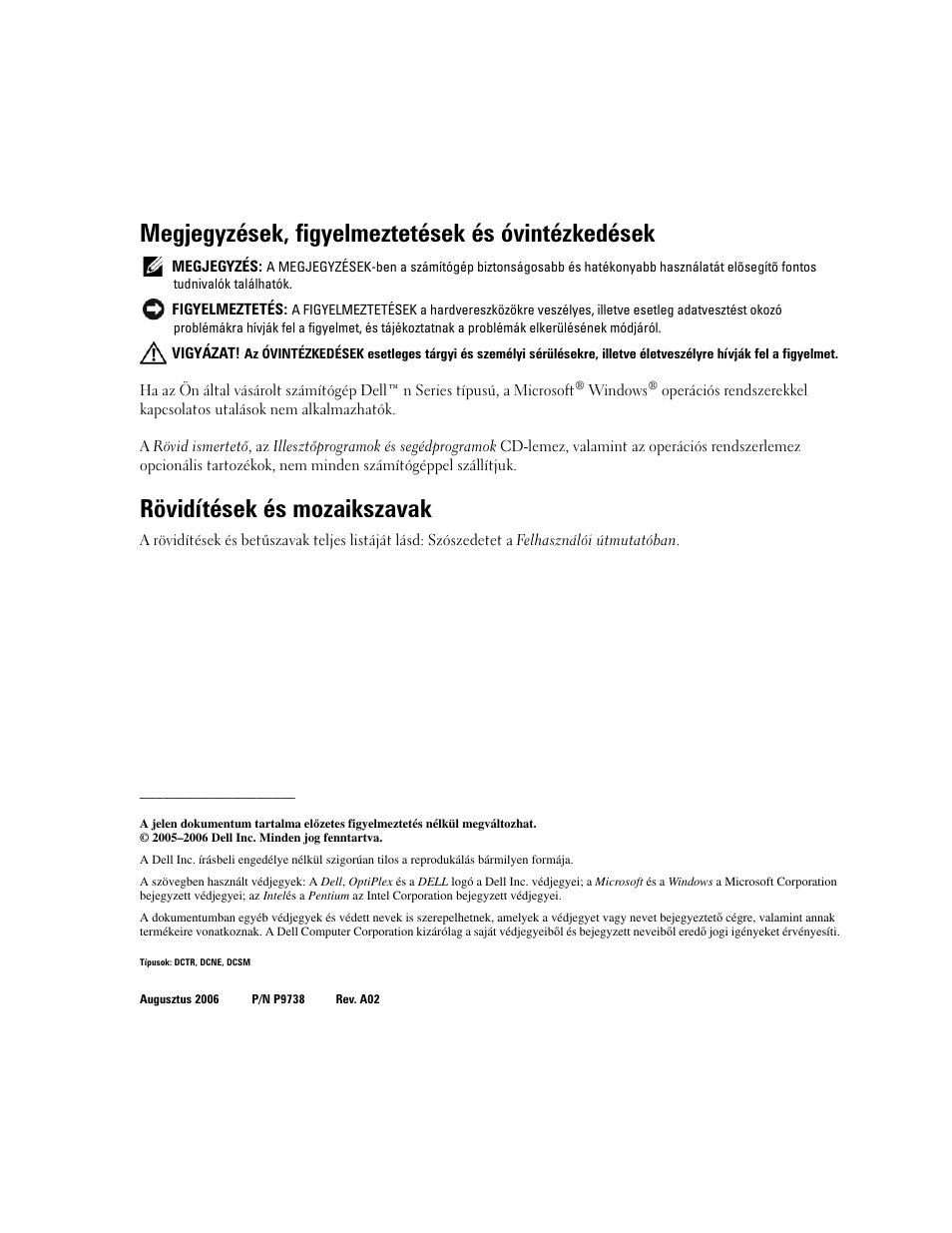 Megjegyzések, figyelmeztetések és óvintézkedések, Rövidítések és mozaikszavak | Dell OptiPlex GX520 User Manual | Page 178 / 310