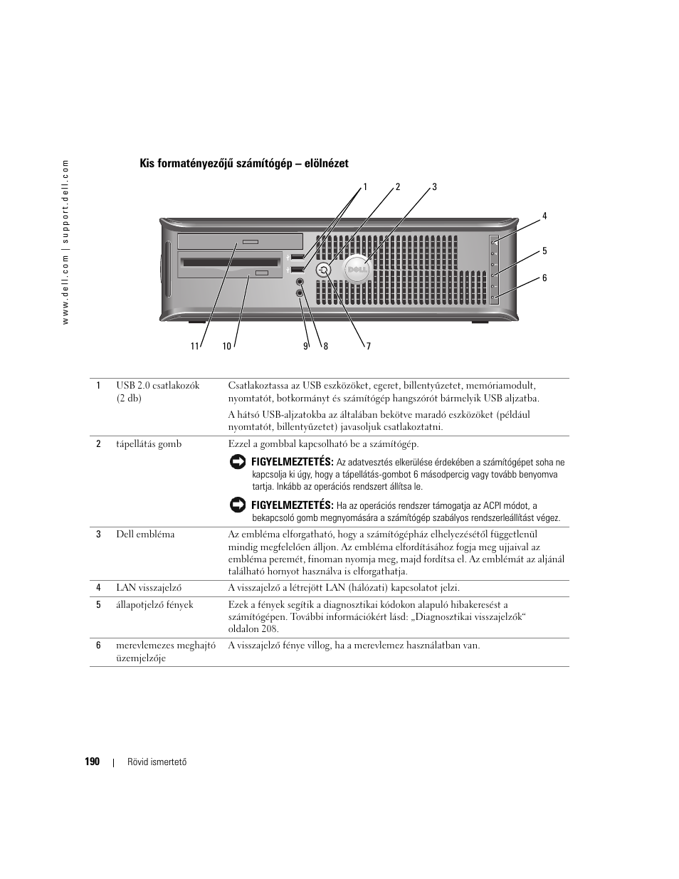 Kis formatényezõjû számítógép - elölnézet, Kis formatényezőjű számítógép – elölnézet | Dell OptiPlex GX520 User Manual | Page 190 / 310