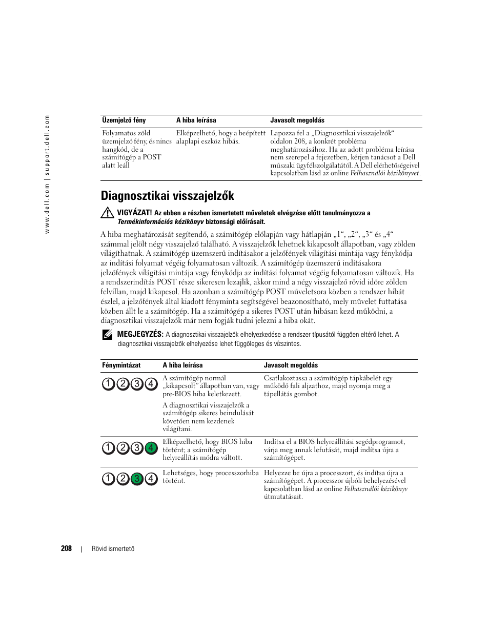 Diagnosztikai visszajelzõk, Diagnosztikai visszajelzők, Diagnosztikai visszajelzők“ oldalon 208, a k | Dell OptiPlex GX520 User Manual | Page 208 / 310