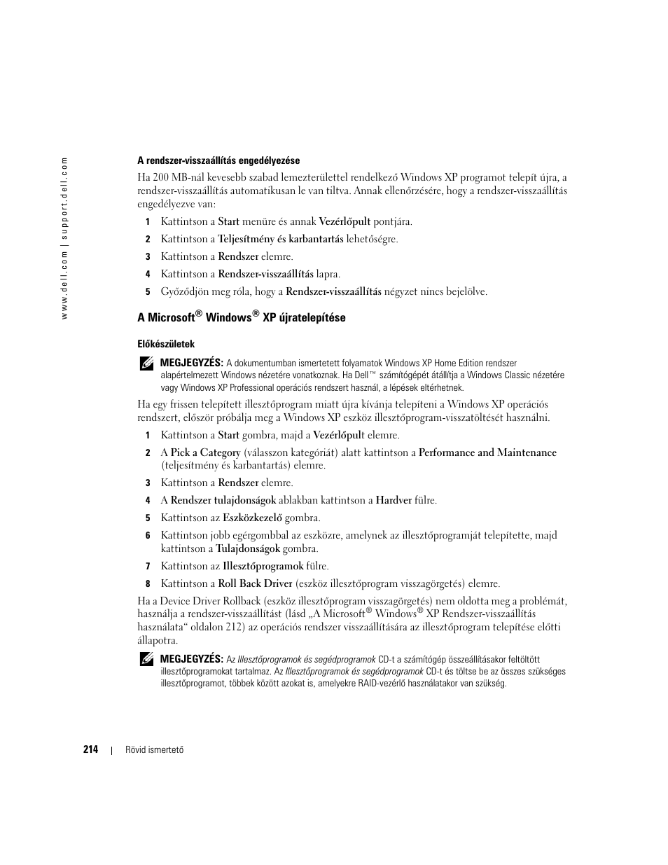 A microsoft® windows® xp újratelepítése, A microsoft | Dell OptiPlex GX520 User Manual | Page 214 / 310