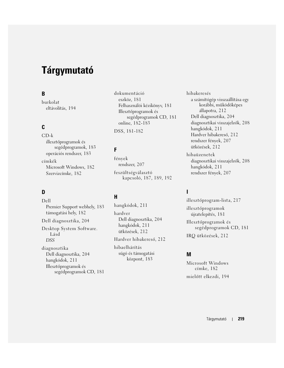 Tárgymutató | Dell OptiPlex GX520 User Manual | Page 219 / 310