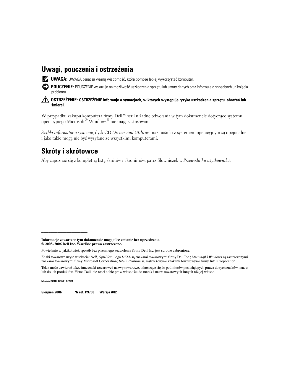Uwagi, pouczenia i ostrzeżenia, Skróty i skrótowce | Dell OptiPlex GX520 User Manual | Page 222 / 310