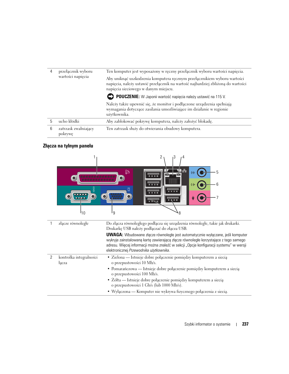 Złącza na tylnym panelu | Dell OptiPlex GX520 User Manual | Page 237 / 310