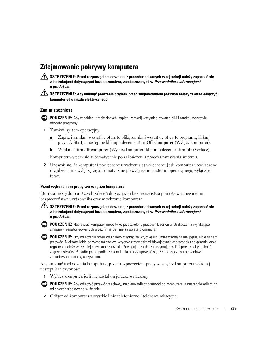 Zdejmowanie pokrywy komputera, Zanim zaczniesz | Dell OptiPlex GX520 User Manual | Page 239 / 310