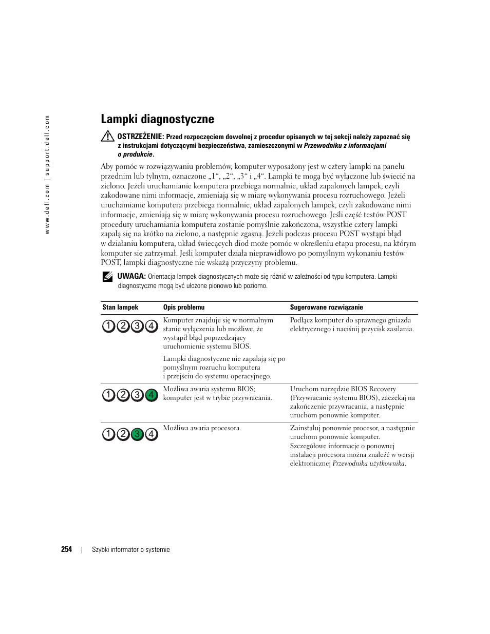 Lampki diagnostyczne | Dell OptiPlex GX520 User Manual | Page 254 / 310