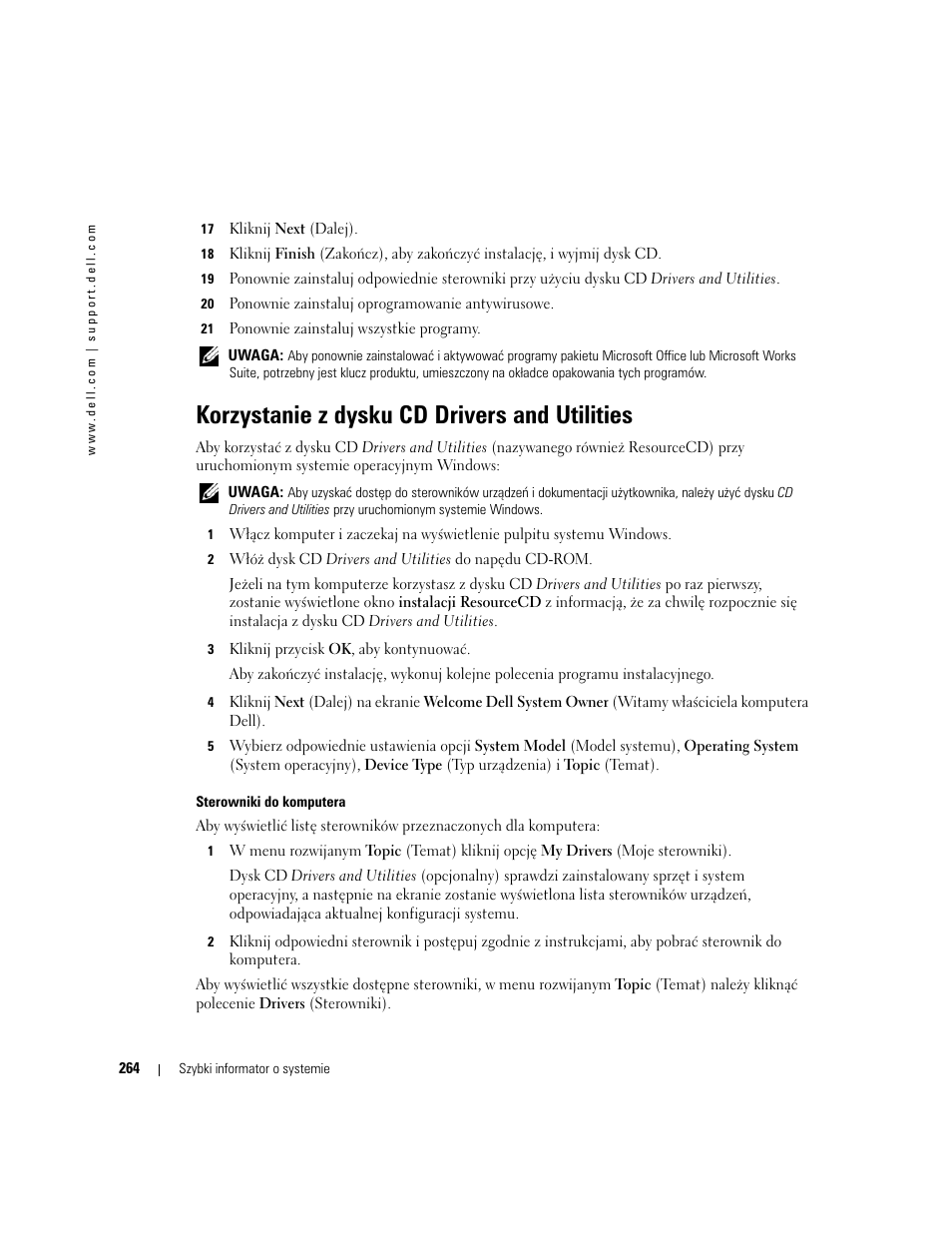 Korzystanie z dysku cd drivers and utilities | Dell OptiPlex GX520 User Manual | Page 264 / 310