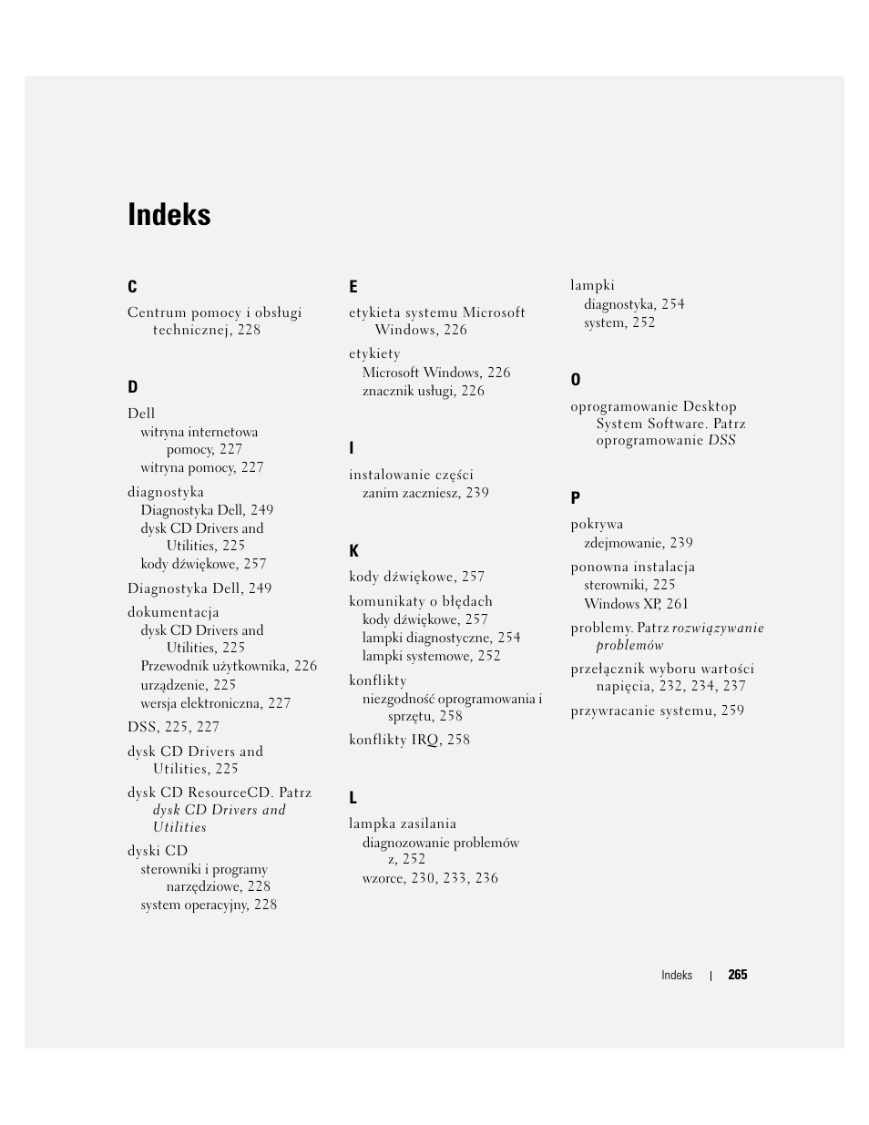 Indeks | Dell OptiPlex GX520 User Manual | Page 265 / 310