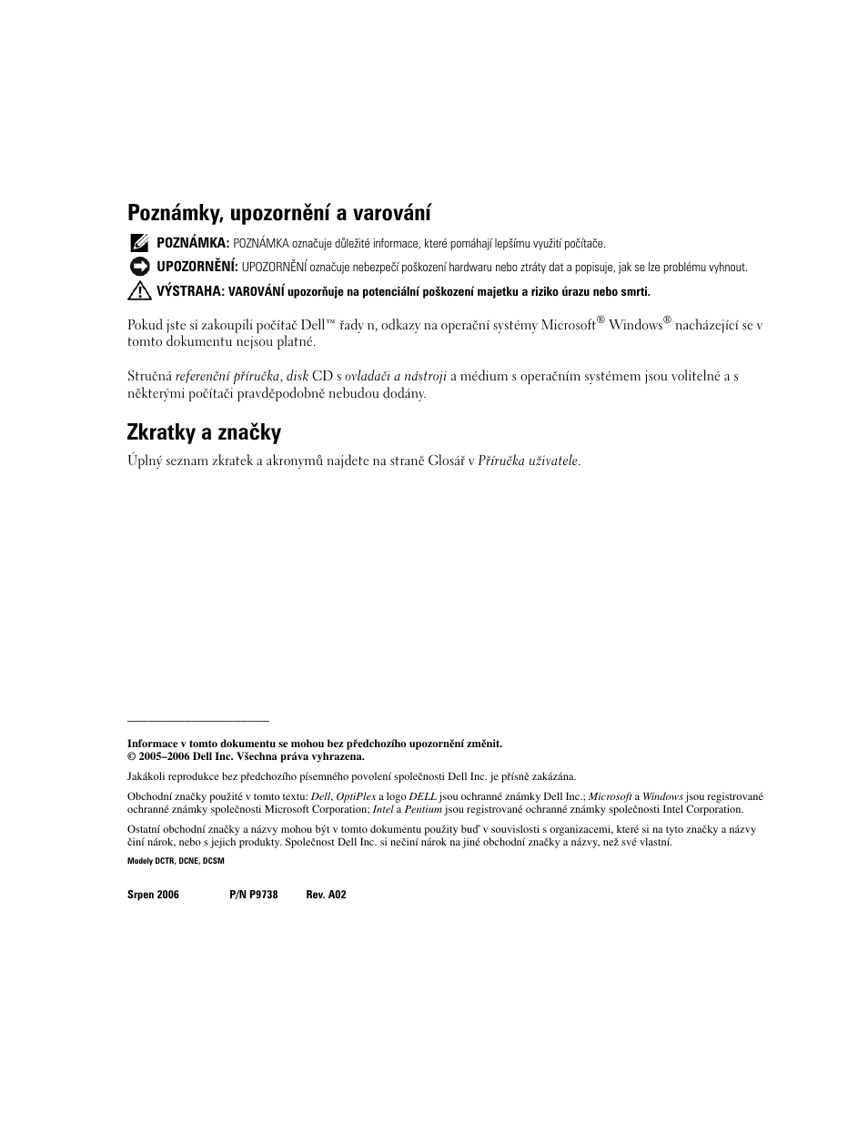 Poznámky, upozornění a varování, Zkratky a značky | Dell OptiPlex GX520 User Manual | Page 46 / 310