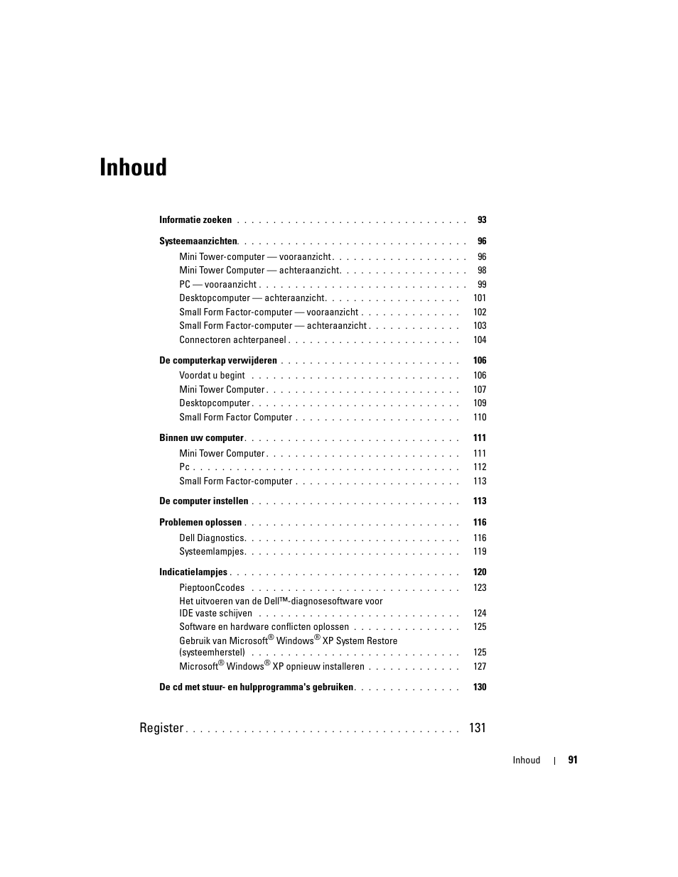Inhoud, Register | Dell OptiPlex GX520 User Manual | Page 91 / 310