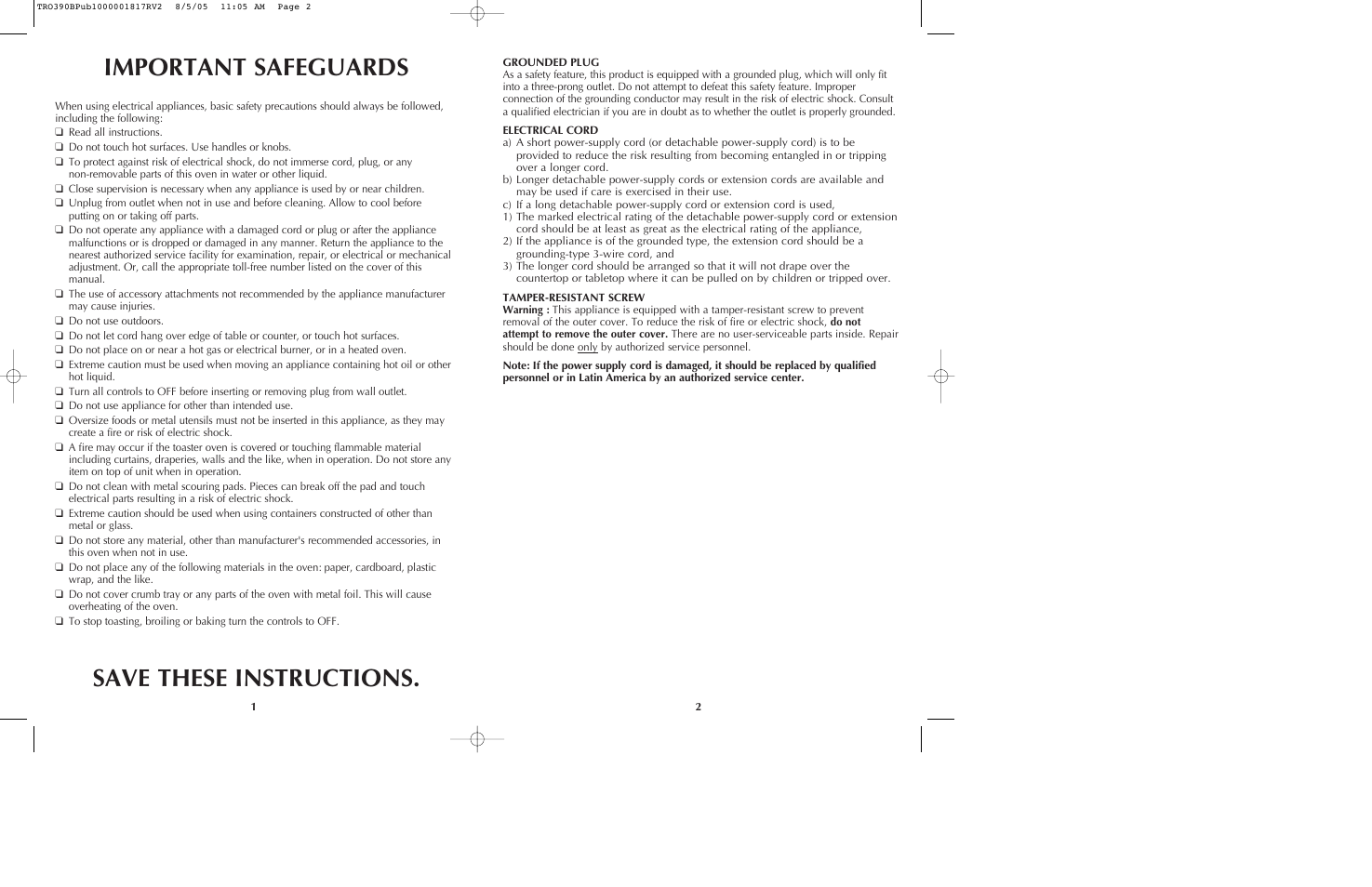 Important safeguards save these instructions | Black & Decker TRO390 User Manual | Page 2 / 15