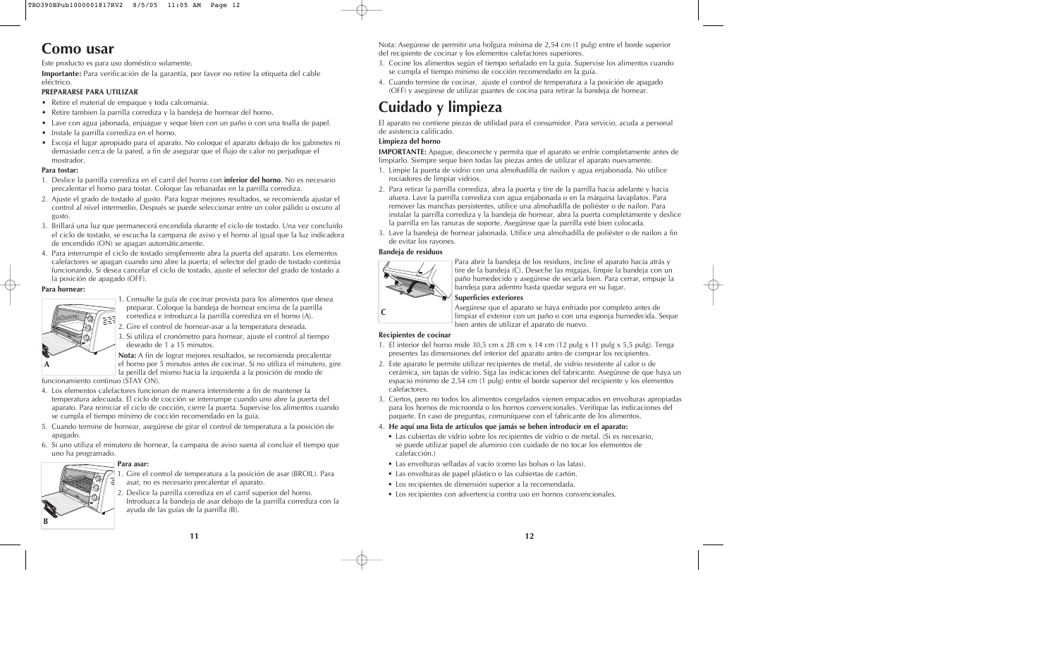 Como usar, Cuidado y limpieza | Black & Decker TRO390 User Manual | Page 7 / 15