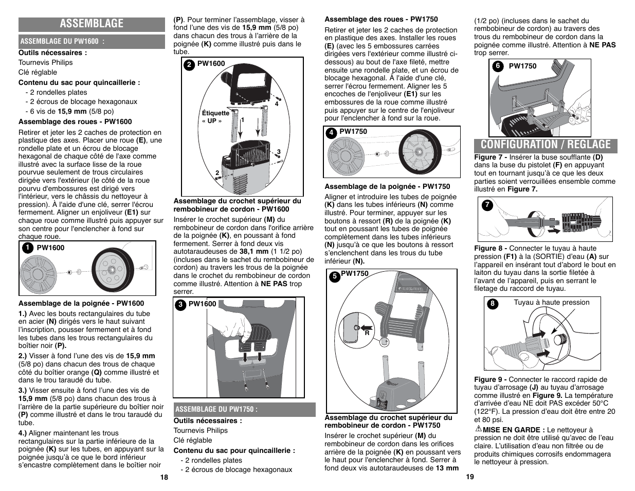 Configuration / reglage, Assemblage | Black & Decker PW1750 User Manual | Page 10 / 27