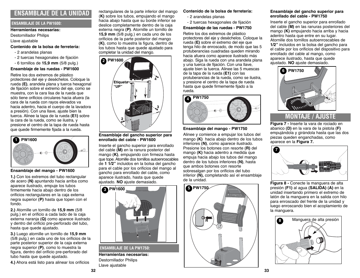 Montaje / ajuste, Ensamblaje de la unidad | Black & Decker PW1750 User Manual | Page 17 / 27