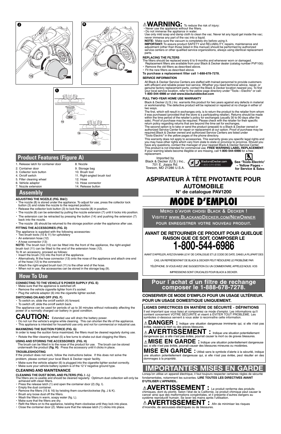 Mode d’emploi, Importantes mises en garde, Caution | Warning, Avertissement, Product features (figure a) how to use assembly, Aspirateur à tête pivotante pour automobile, Danger, Mise en garde | Black & Decker 90529232 User Manual | Page 2 / 5