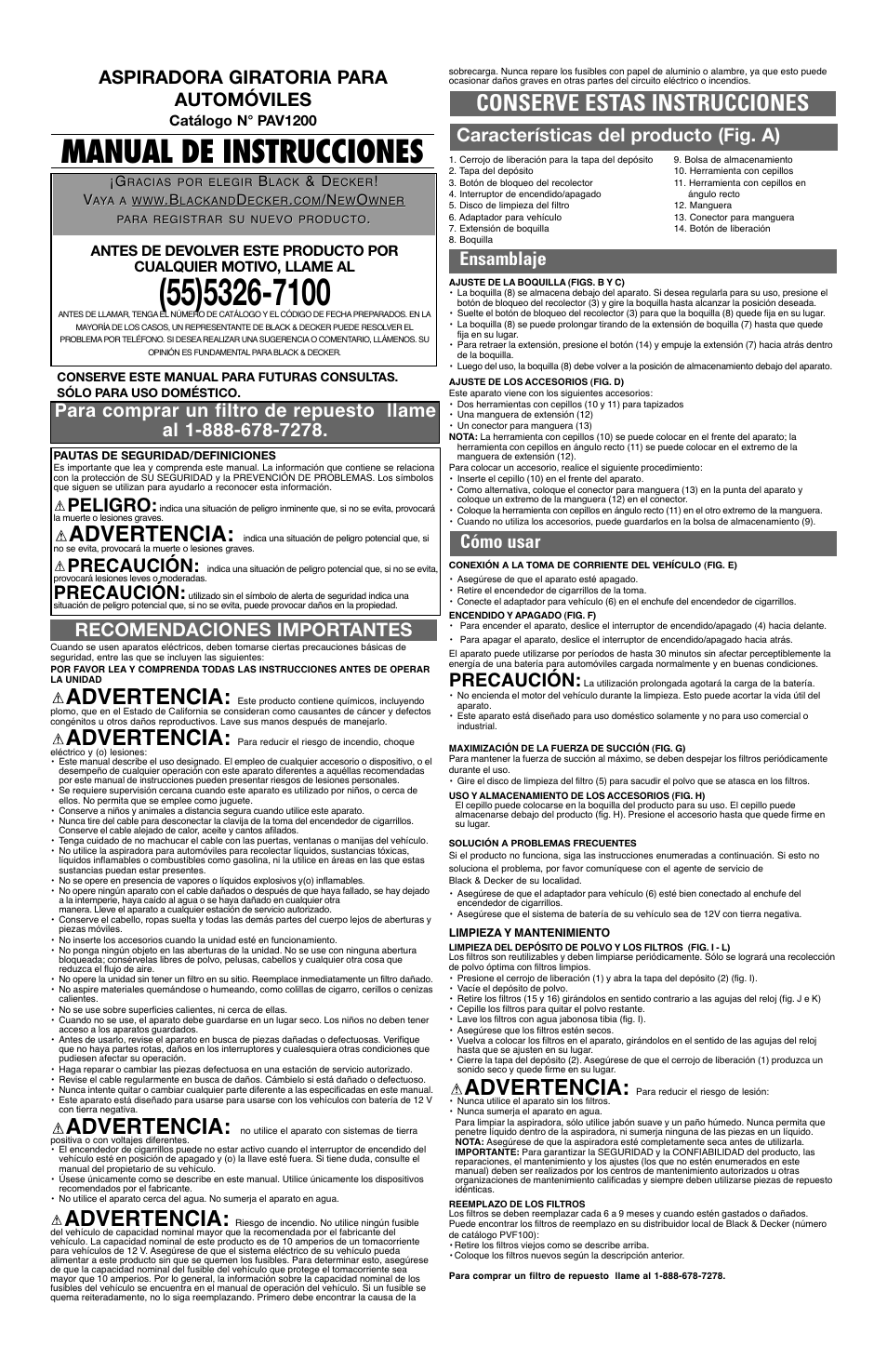 Manual de instrucciones, Conserve estas instrucciones, Advertencia | Precaución, Aspiradora giratoria para automóviles, Peligro | Black & Decker 90529232 User Manual | Page 4 / 5