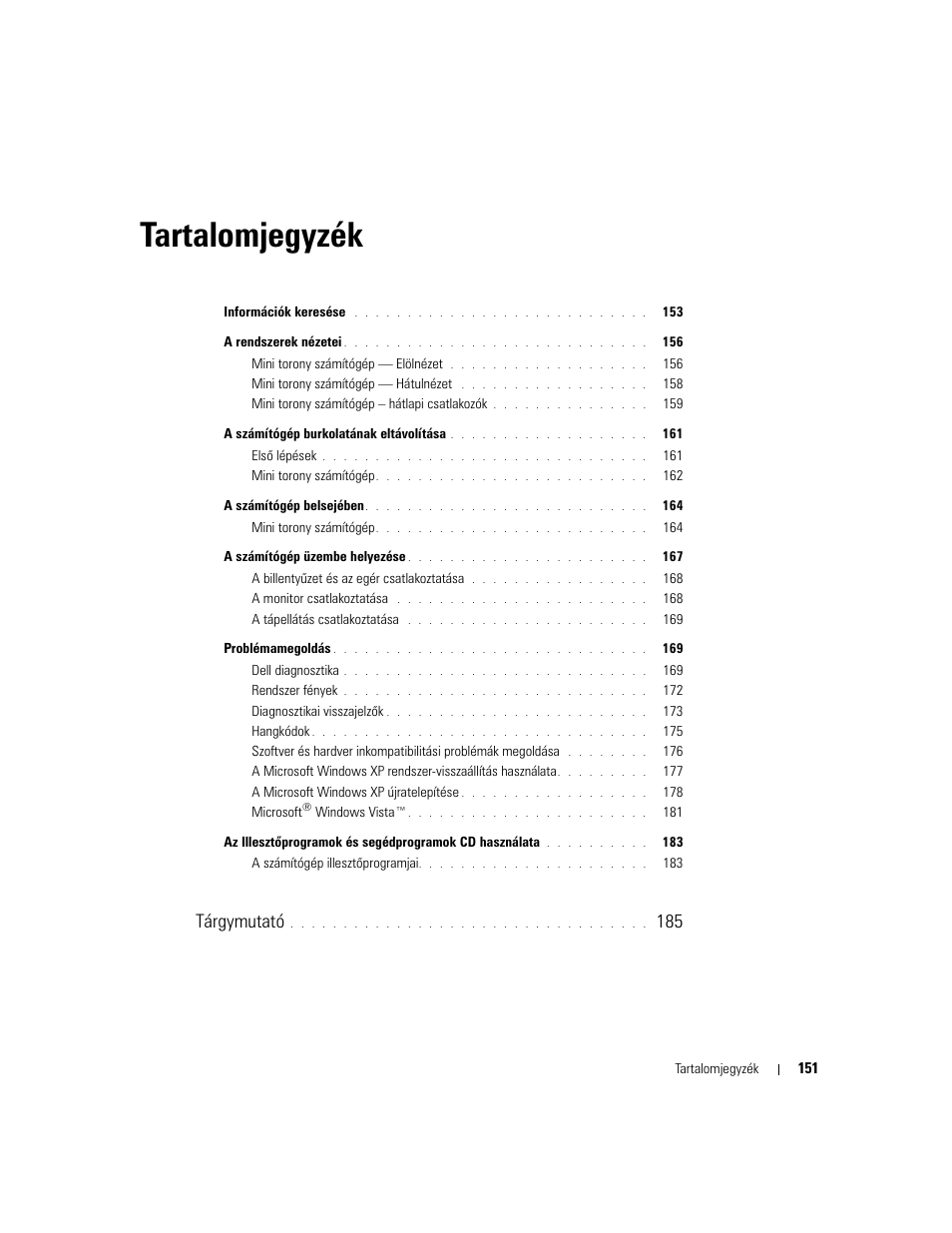 Tartalomjegyzék, Tárgymutató | Dell OptiPlex 745c (Early 2007) User Manual | Page 151 / 262