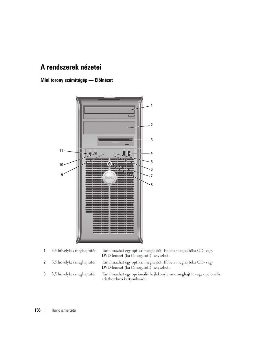 A rendszerek nézetei, Mini torony számítógép - elölnézet, Mini torony számítógép — elölnézet | Dell OptiPlex 745c (Early 2007) User Manual | Page 156 / 262