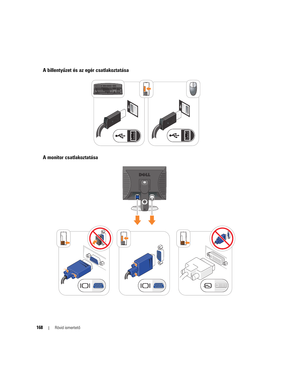 A billentyűzet és az egér csatlakoztatása, A monitor csatlakoztatása | Dell OptiPlex 745c (Early 2007) User Manual | Page 168 / 262