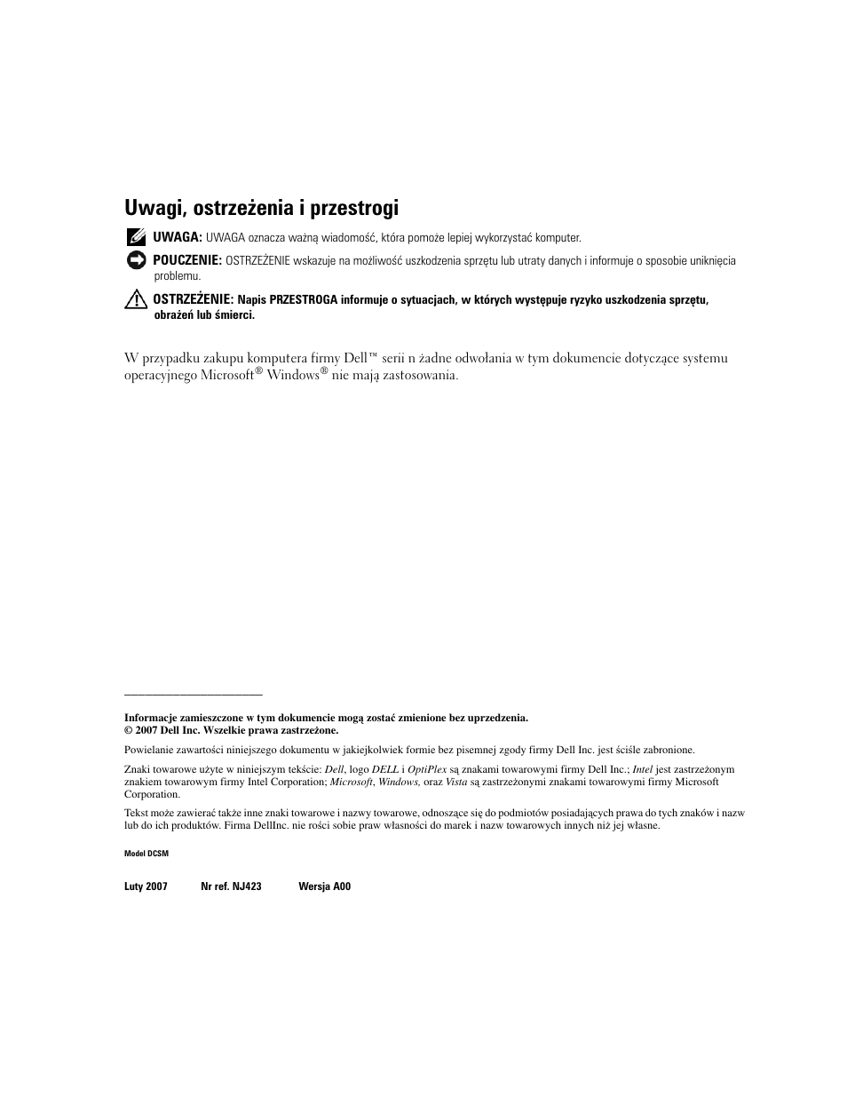 Uwagi, ostrzeżenia i przestrogi | Dell OptiPlex 745c (Early 2007) User Manual | Page 188 / 262