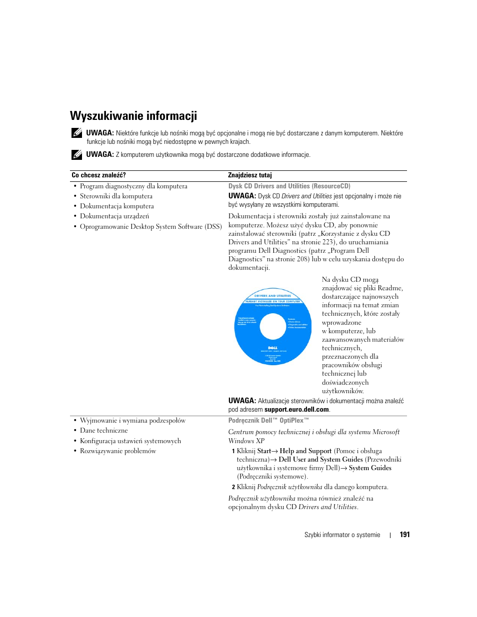 Wyszukiwanie informacji | Dell OptiPlex 745c (Early 2007) User Manual | Page 191 / 262